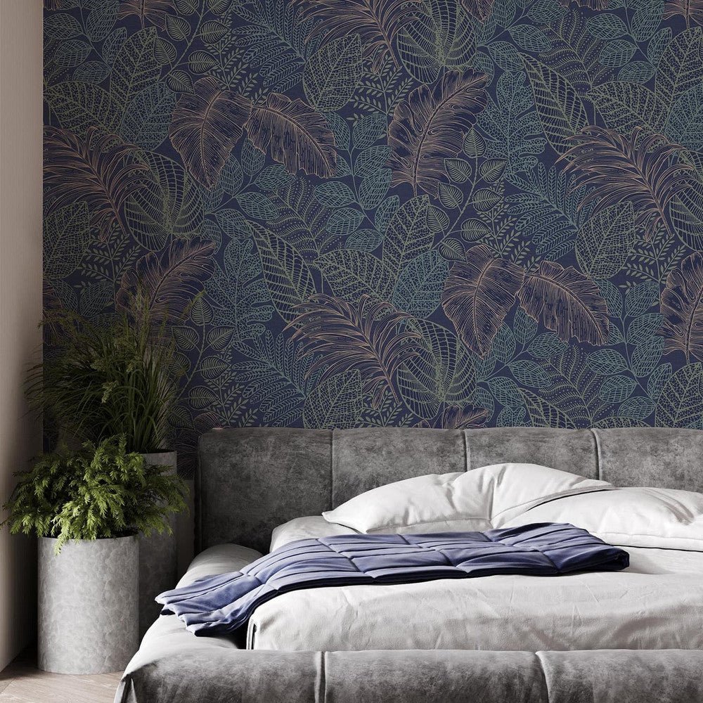 Scattered Leaves Wallpaper - Blue & Copper - Superfresco Easy - 122422 - Premier Wallcovering