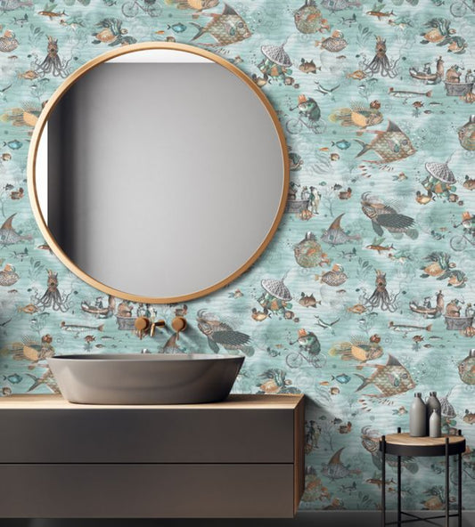 Sea Life Wallpaper - Aqua & Orange - Brand McKenzie - BMHD002/07A - Premier Wallcovering
