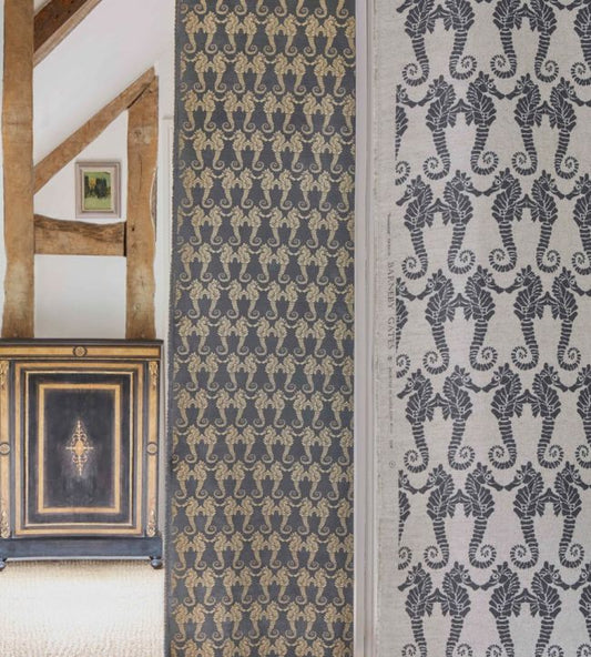 Seahorse Fabric - Gold on Charcoal - Barneby Gates - BG - F040601 - Premier Wallcovering