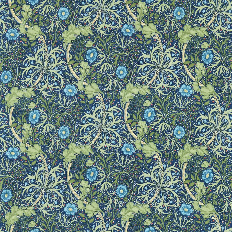 Seaweed Fabric - Cobalt/Thyme - Morris & Co - 224472 - Premier Wallcovering