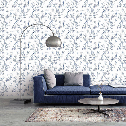 Secret Garden Classic Bird Trail Wallpaper - Blue / White - Galerie - G78489 - Premier Wallcovering