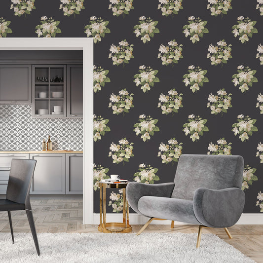Secret Garden Classic Bouquet Wallpaper - Black / Green / Taupe - Galerie - G78495 - Premier Wallcovering