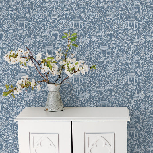 Secret Garden Garden Toile Wallpaper - Blue - Galerie - G78508 - Premier Wallcovering
