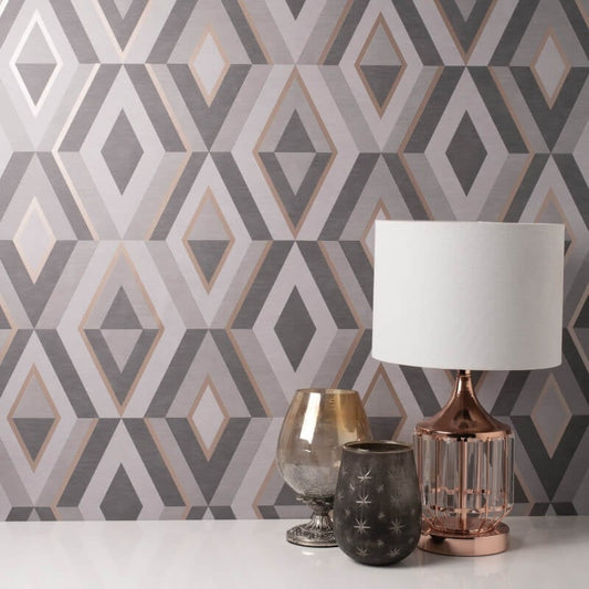 Shard Geometric Metallic Wallpaper - Charcoal/Rose - Fine Décor - FD42607 - Premier Wallcovering
