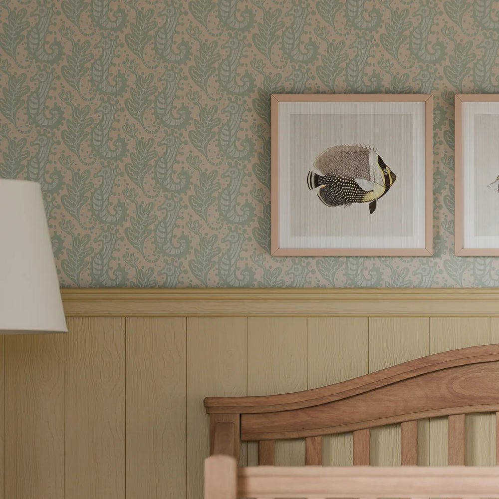 Shetland Seahorses Wallpaper - Duck Egg on Sand - LAN100270 - Lucie Annabel - Premier Wallcovering