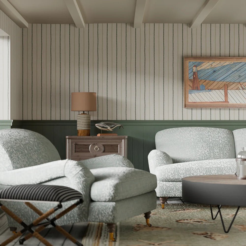 Shoreline Stripes Wallpaper - Slow Cooked Sage and Rustic Green on Sand - LAN100309 - Lucie Annabel - Premier Wallcovering