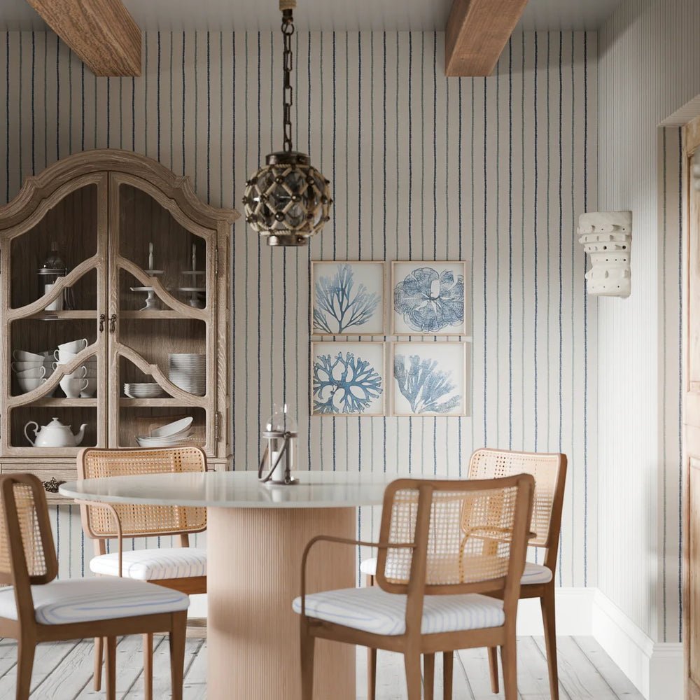 Shoreline Stripes Wallpaper - Classic Navy and Teal on Sand - LAN100308 - Lucie Annabel - Premier Wallcovering