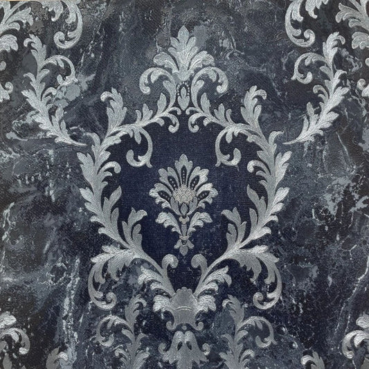 Sienna Damask Wallpaper - Blue Silver - Rasch - 538410 - Premier Wallcovering
