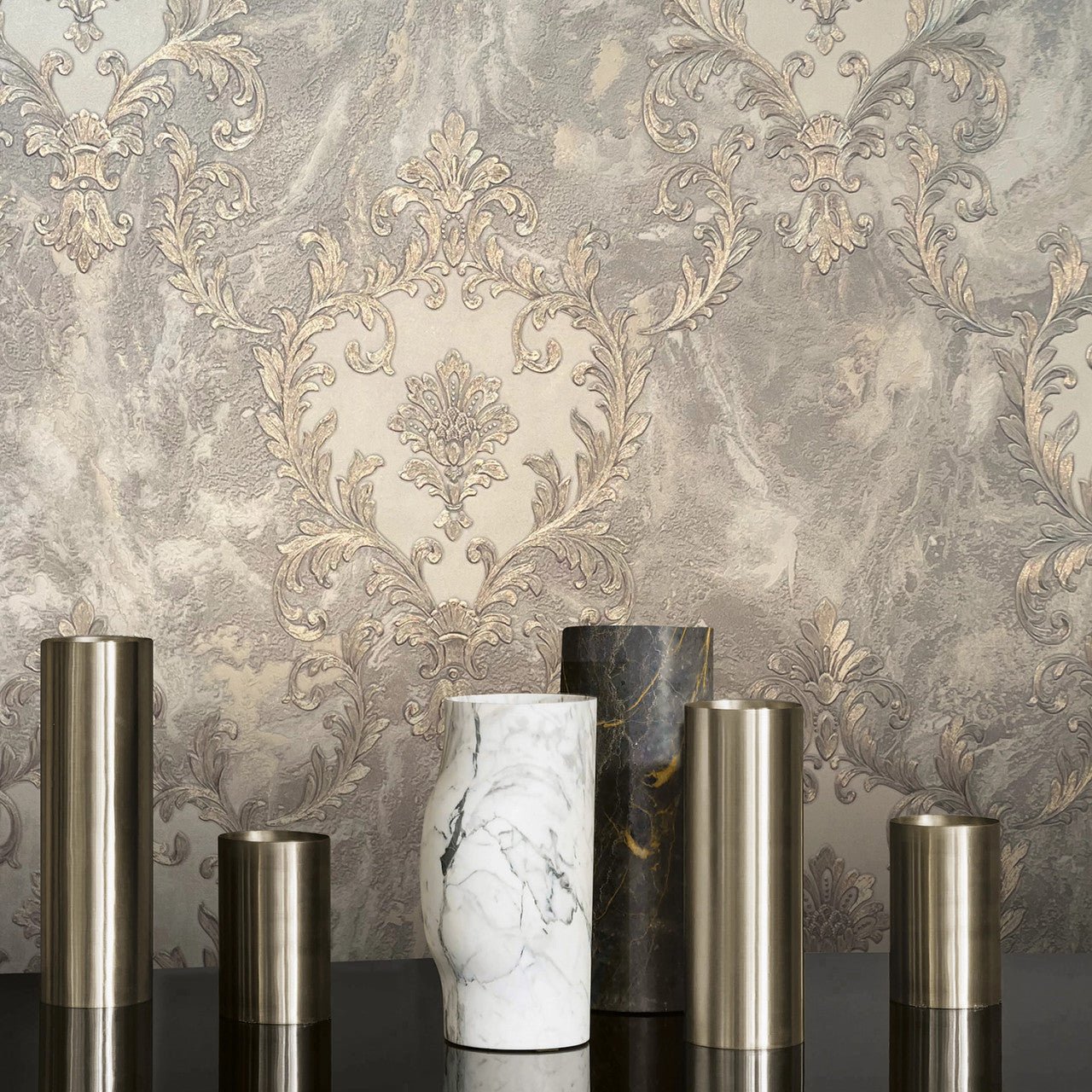 Sienna Damask Wallpaper - Blue Silver - Rasch - 538410 - Premier Wallcovering