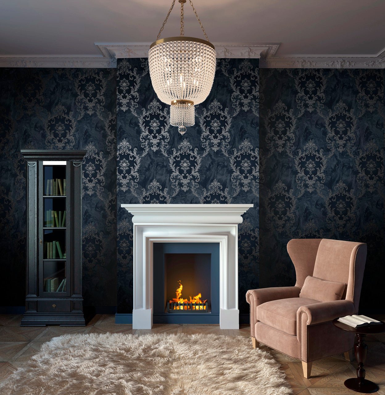 Sienna Damask Wallpaper - Blue Silver - Rasch - 538410 - Premier Wallcovering