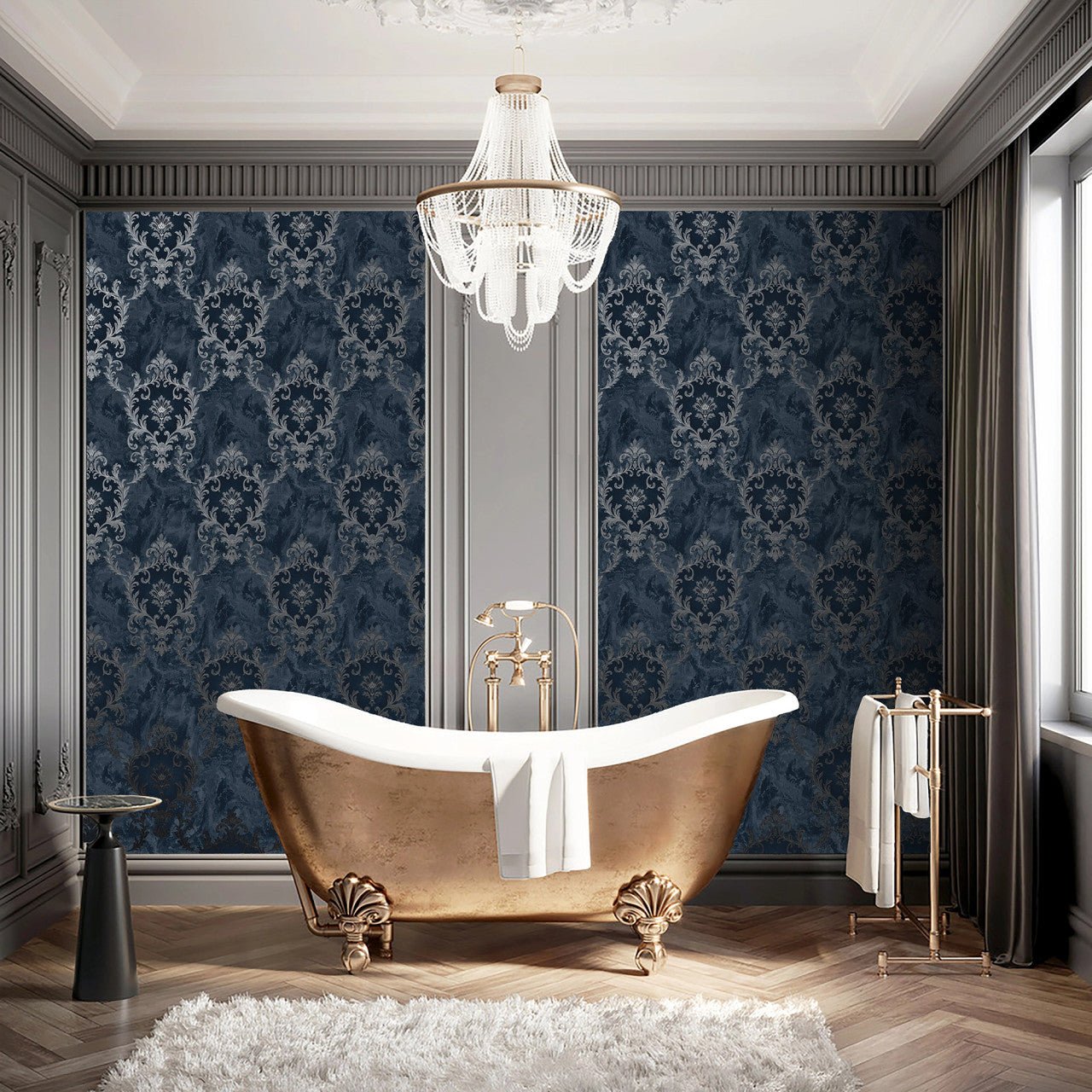 Sienna Damask Wallpaper - Blue Silver - Rasch - 538410 - Premier Wallcovering