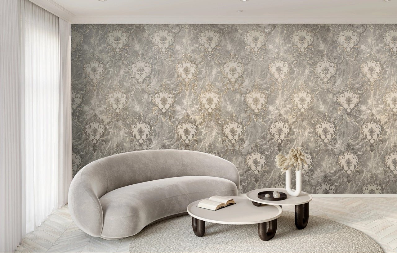 Sienna Damask Wallpaper - Blue Silver - Rasch - 538410 - Premier Wallcovering