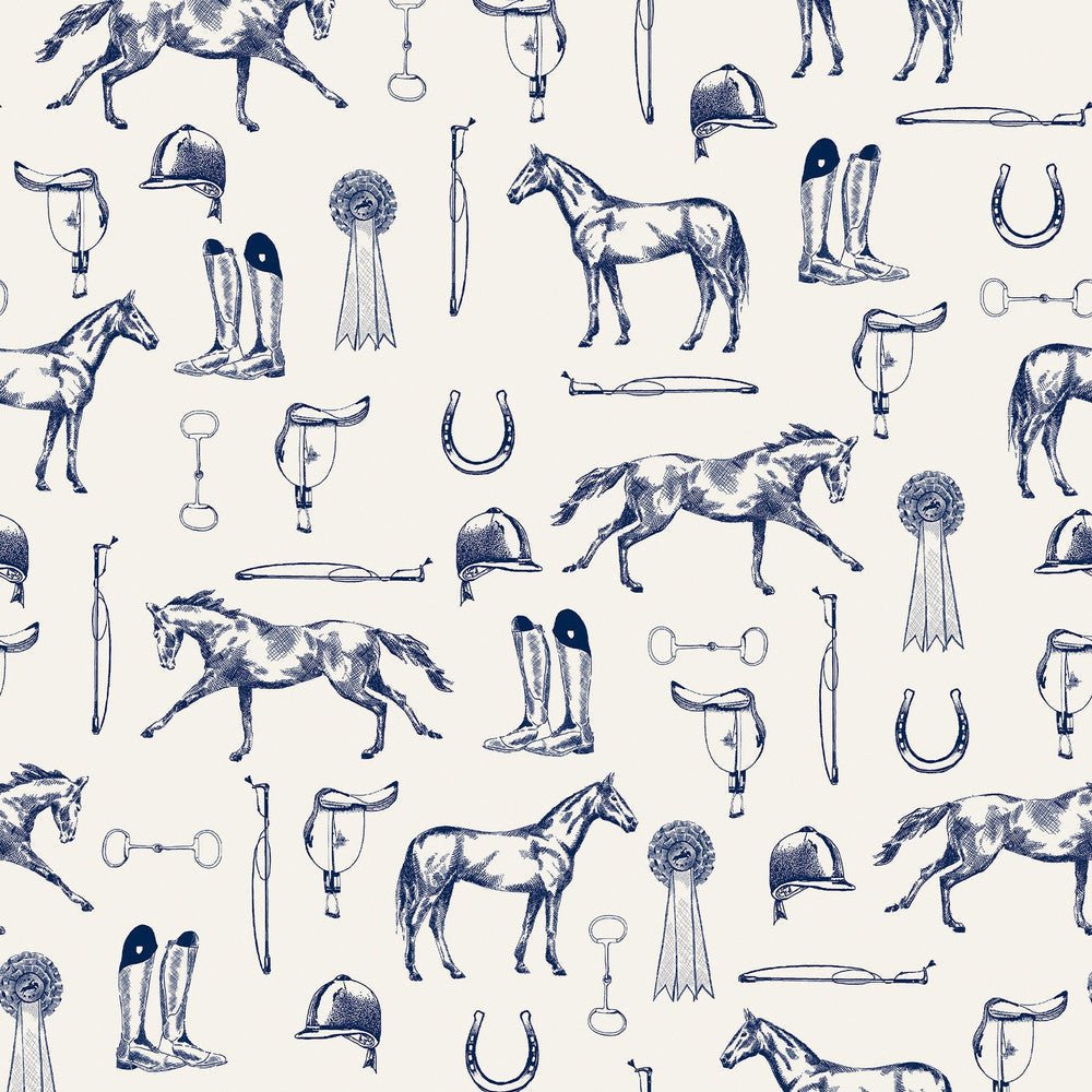 Sketched Equestrian Wallpaper - Cream & Blue - Joules - 128902 - Premier Wallcovering