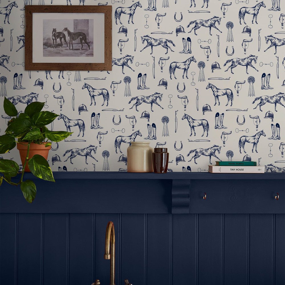 Sketched Equestrian Wallpaper - Cream & Blue - Joules - 128902 - Premier Wallcovering