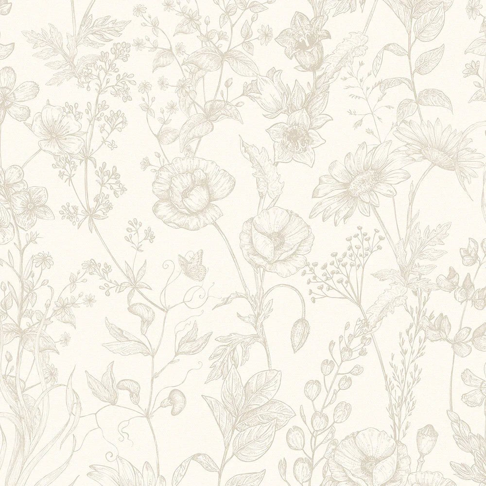 Sketched Meadow Wallpaper - Stone on Windsor Cream - LAN100057 - Lucie Annabel - Premier Wallcovering