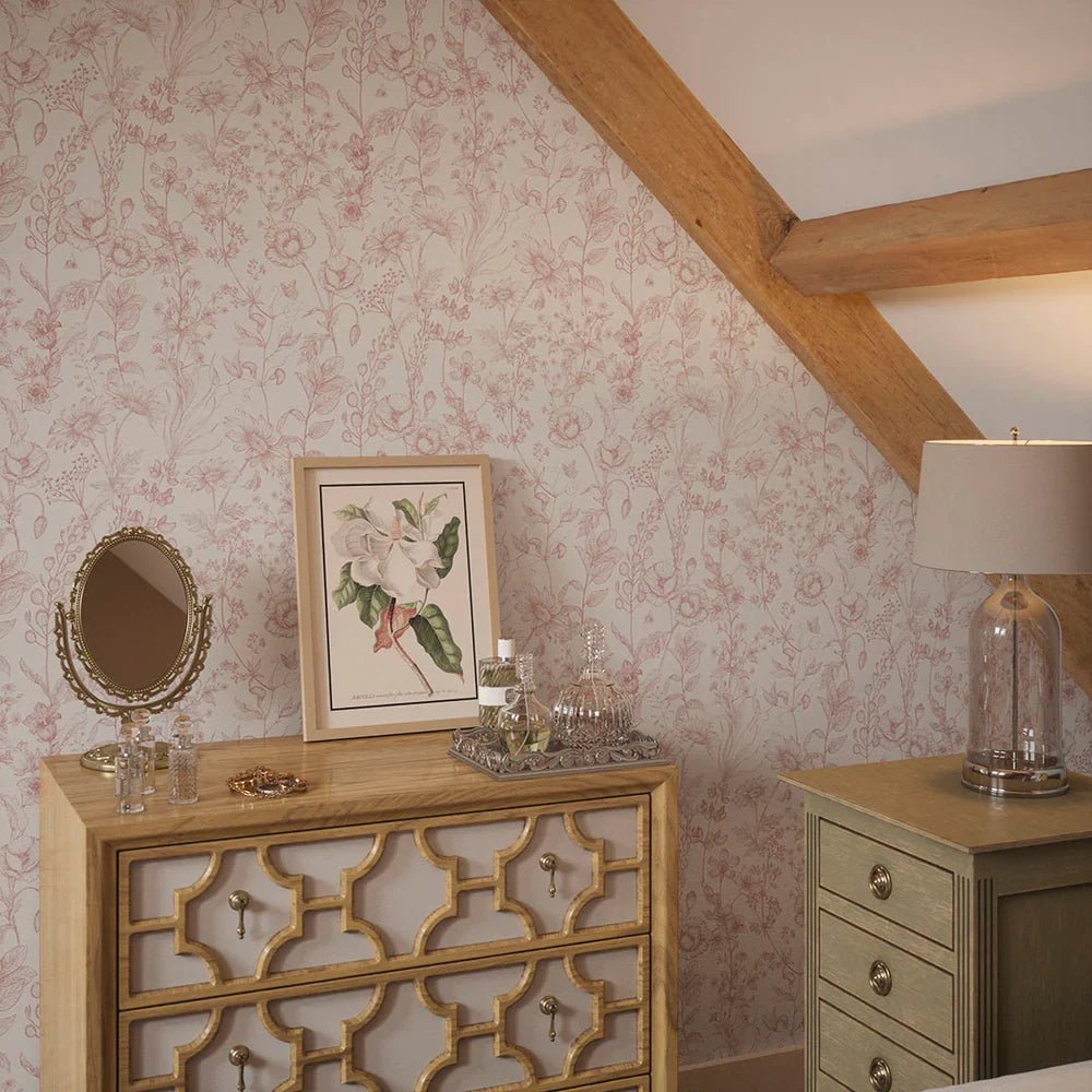 Sketched Meadow Wallpaper - Dusky Pink on White - LAN100056 - Lucie Annabel - Premier Wallcovering
