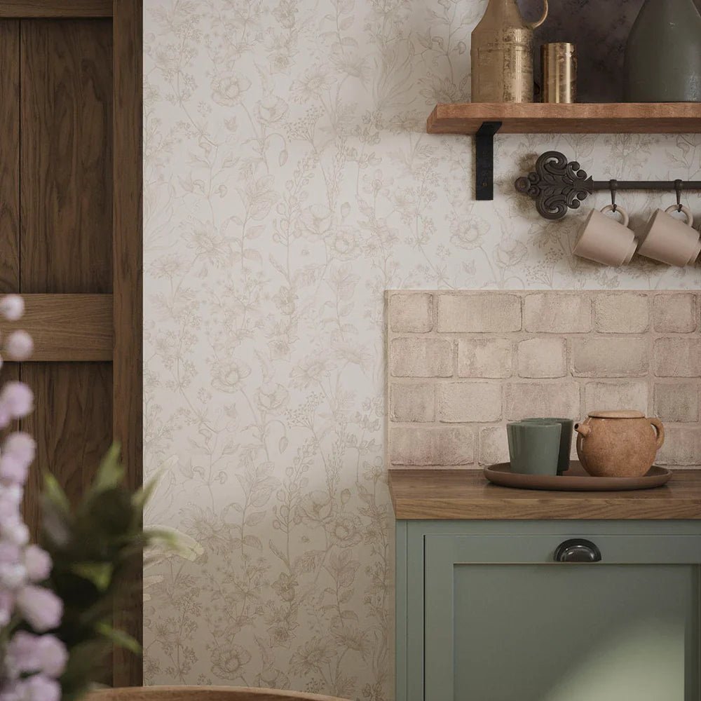 Sketched Meadow Wallpaper - Stone on Windsor Cream - LAN100057 - Lucie Annabel - Premier Wallcovering
