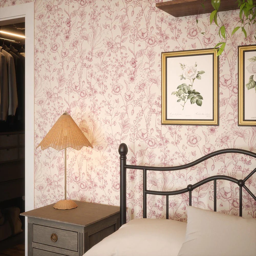 Sketched Meadow Wallpaper - Berry on Oatmeal - LAN100058 - Lucie Annabel - Premier Wallcovering