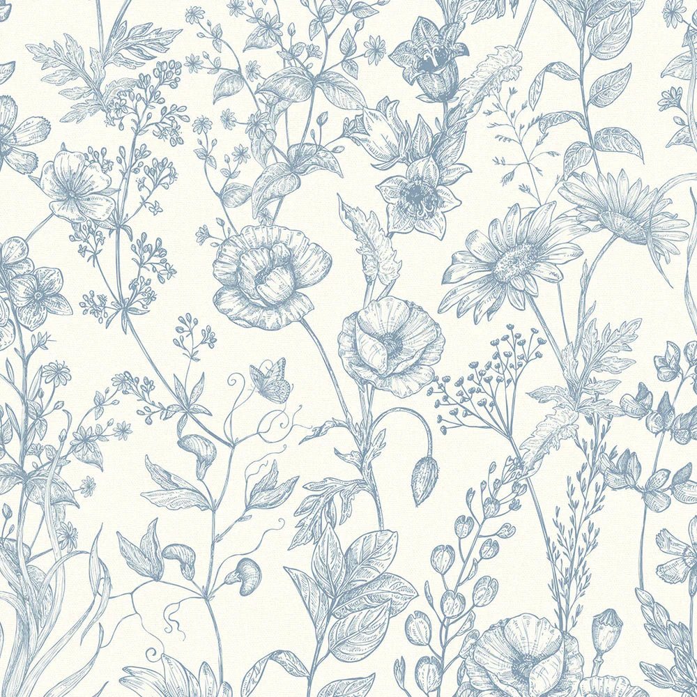 Sketched Meadow Wallpaper - Cornflower Blue on Cream - LAN100055 - Lucie Annabel - Premier Wallcovering