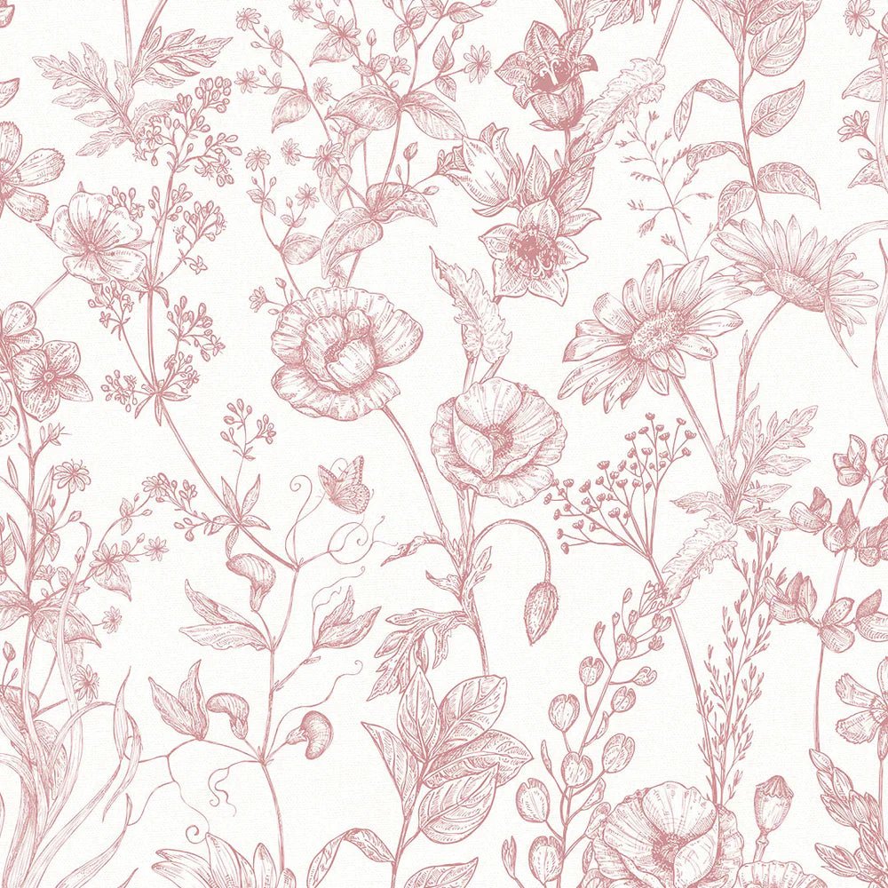 Sketched Meadow Wallpaper - Dusky Pink on White - LAN100056 - Lucie Annabel - Premier Wallcovering