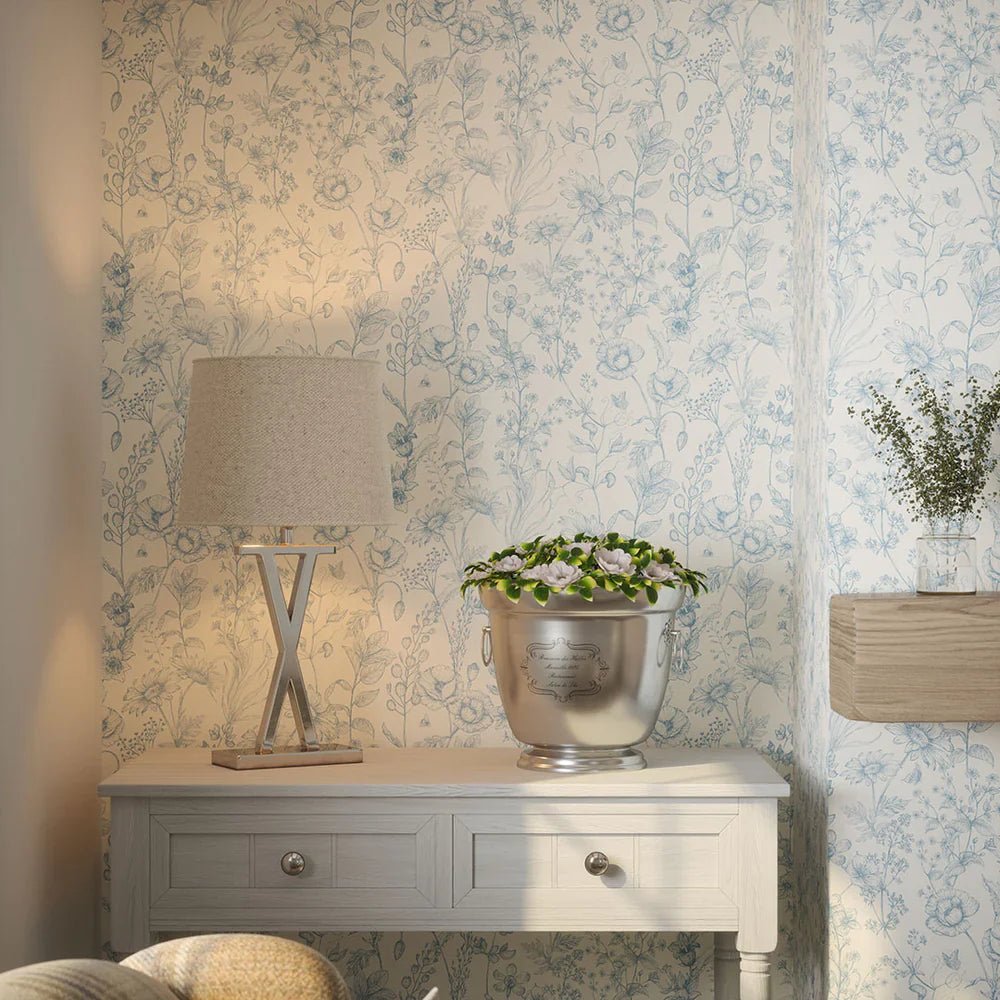 Sketched Meadow Wallpaper - Cornflower Blue on Cream - LAN100055 - Lucie Annabel - Premier Wallcovering
