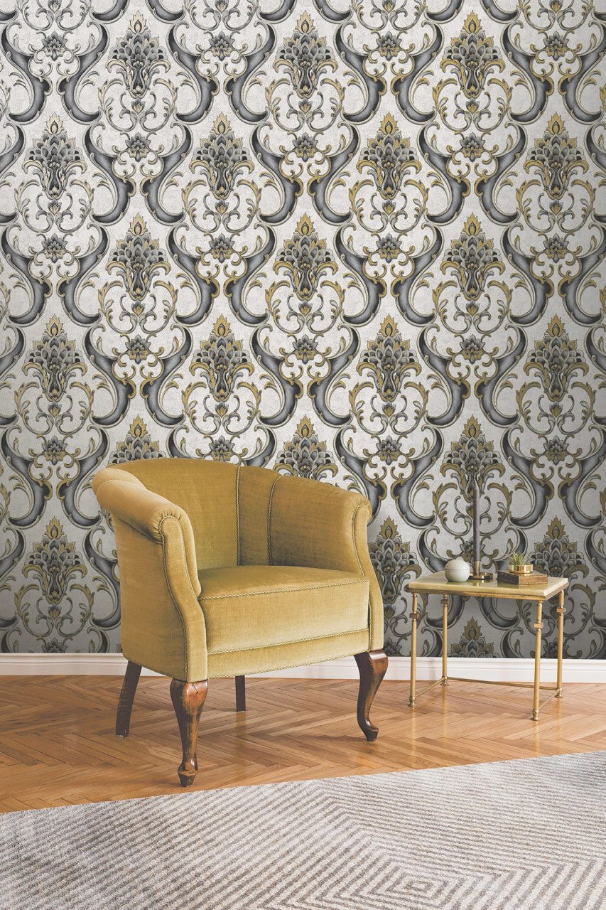 Sonata Damask Wallpaper - Black Gold - Rasch - 539783 - Premier Wallcovering