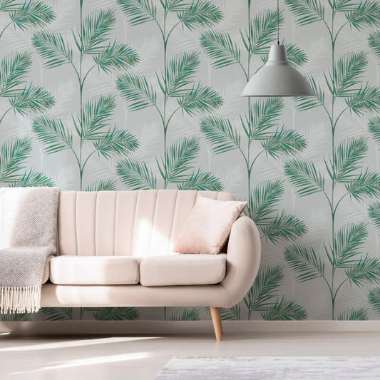 South Beach Palm Leaf Metallic Wallpaper - Stone/Green - Fine Décor - FD42678 - Premier Wallcovering