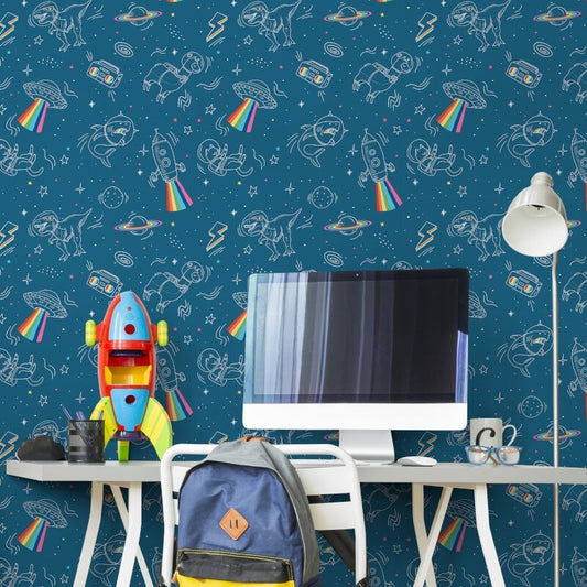 Space Explorer Metallic Wallpaper - Blue - Muriva - M36801 - Premier Wallcovering