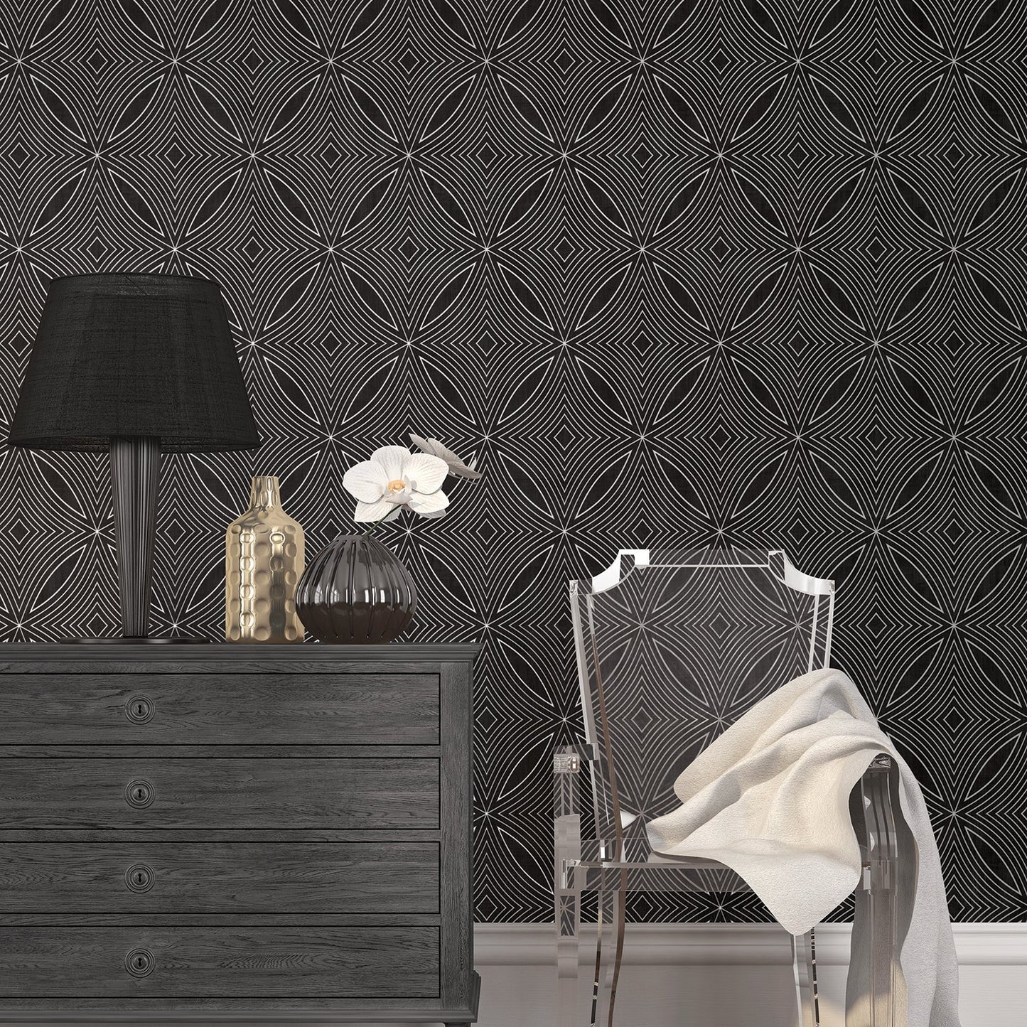 Special FX Geometric Spiral Wallpaper - Silver / Black - Galerie - G67732 - Premier Wallcovering
