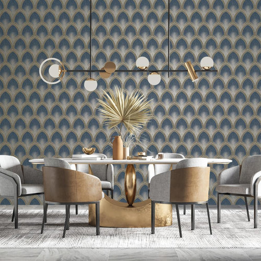 Special FX Nouveau Scallop Wallpaper - Navy / Taupe - Galerie - G68083 - Premier Wallcovering