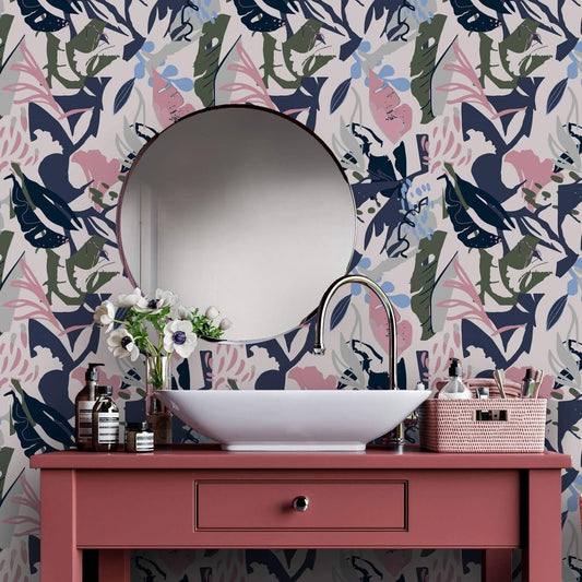 Spring Vacation Wallpaper - Candy Pink, Jungle Green, Midnight Navy & Safari Cream - Lust Home - LH900288 - Premier Wallcovering