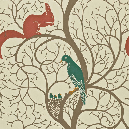 Squirrel & Dove Wallpaper - Teal/Red - DVIWSQ102 - Sanderson - Premier Wallcovering