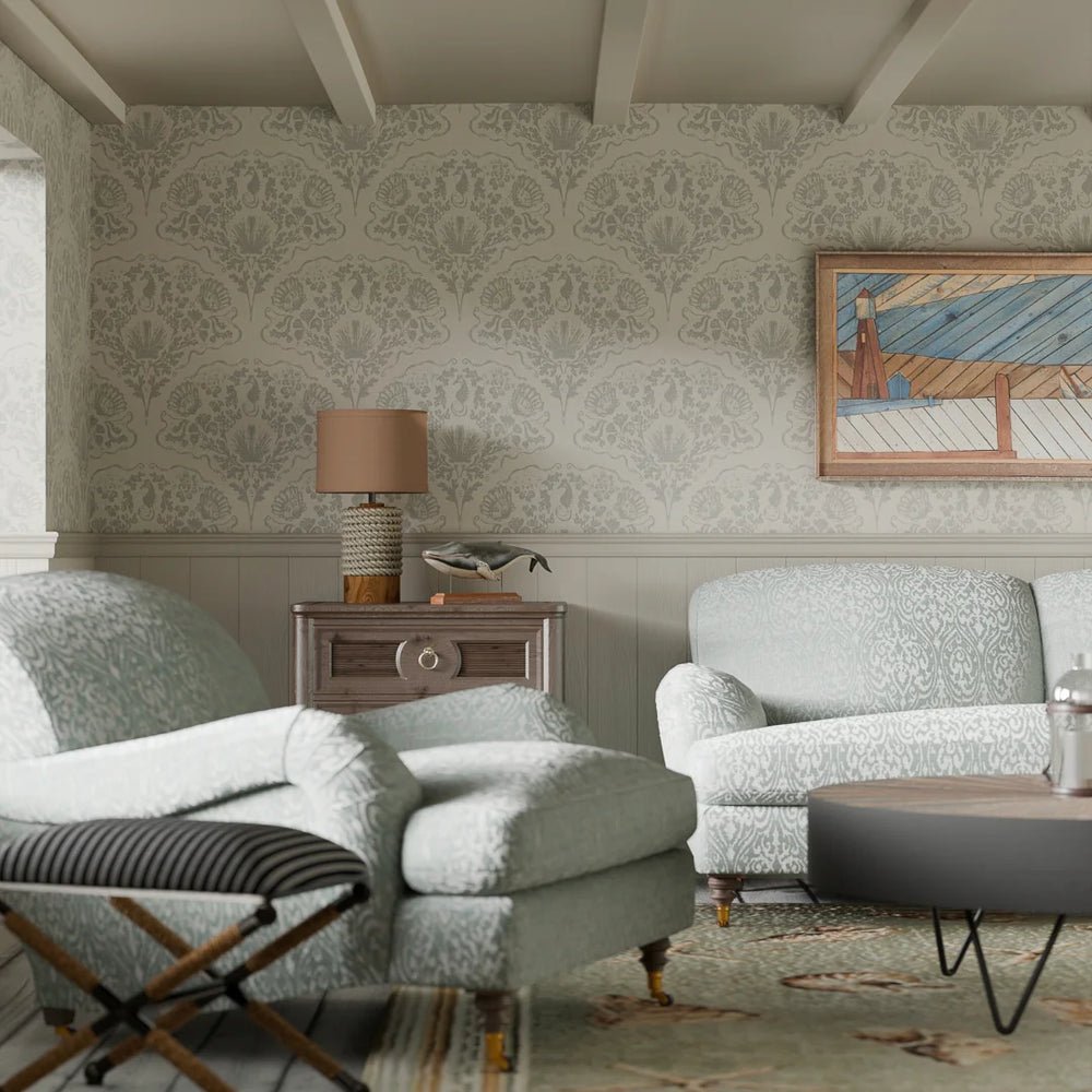 St. Mawes Lace Wallpaper - Soft Rustic Green on Vintage Cream - LAN100328 - Lucie Annabel - Premier Wallcovering