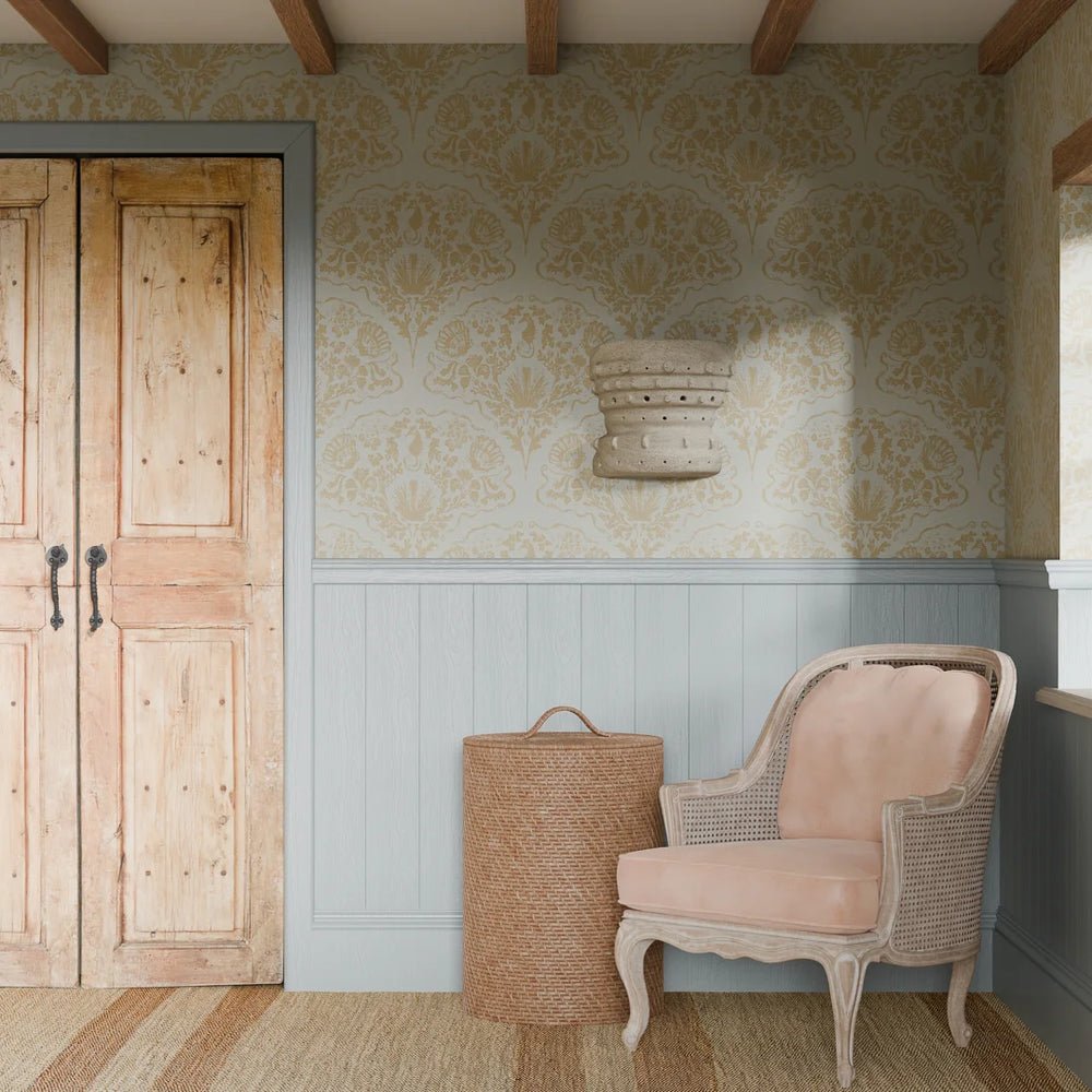 St. Mawes Lace Wallpaper - Antique Gold on Duck Egg - LAN100324 - Lucie Annabel - Premier Wallcovering