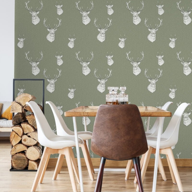 Stag Wallpaper - Sage Green - Catherine Lansfield - 165515 - Premier Wallcovering