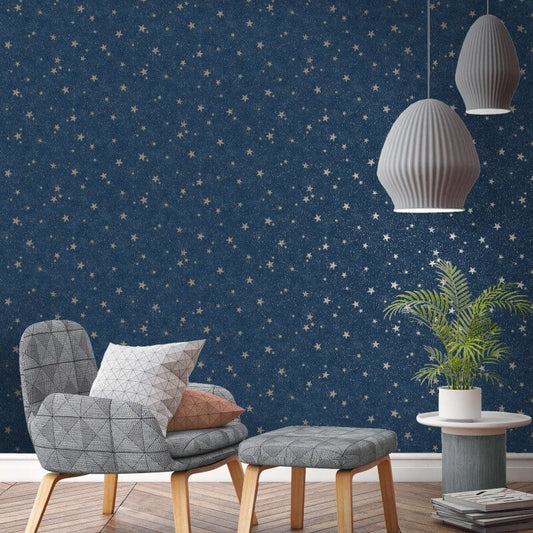Starlight Stars Metallic Wallpaper - Navy/Gold - Crown - M1490 - Premier Wallcovering