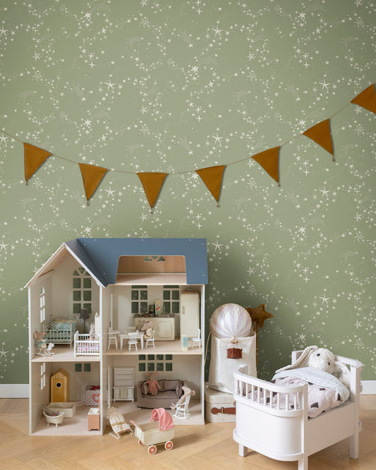 Stjärnorna Wallpaper - Green/Gray - Midbec - 29022 - Premier Wallcovering