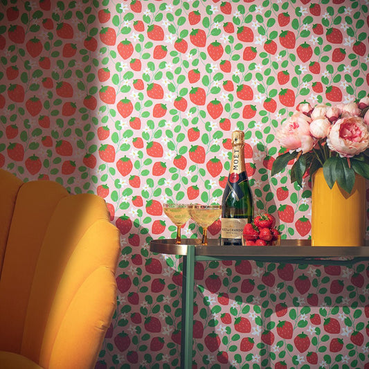 Strawberry Fields Forever Wallpaper - Peach, Strawberry Red & Field Green - Lust Home - LH900345 - Premier Wallcovering