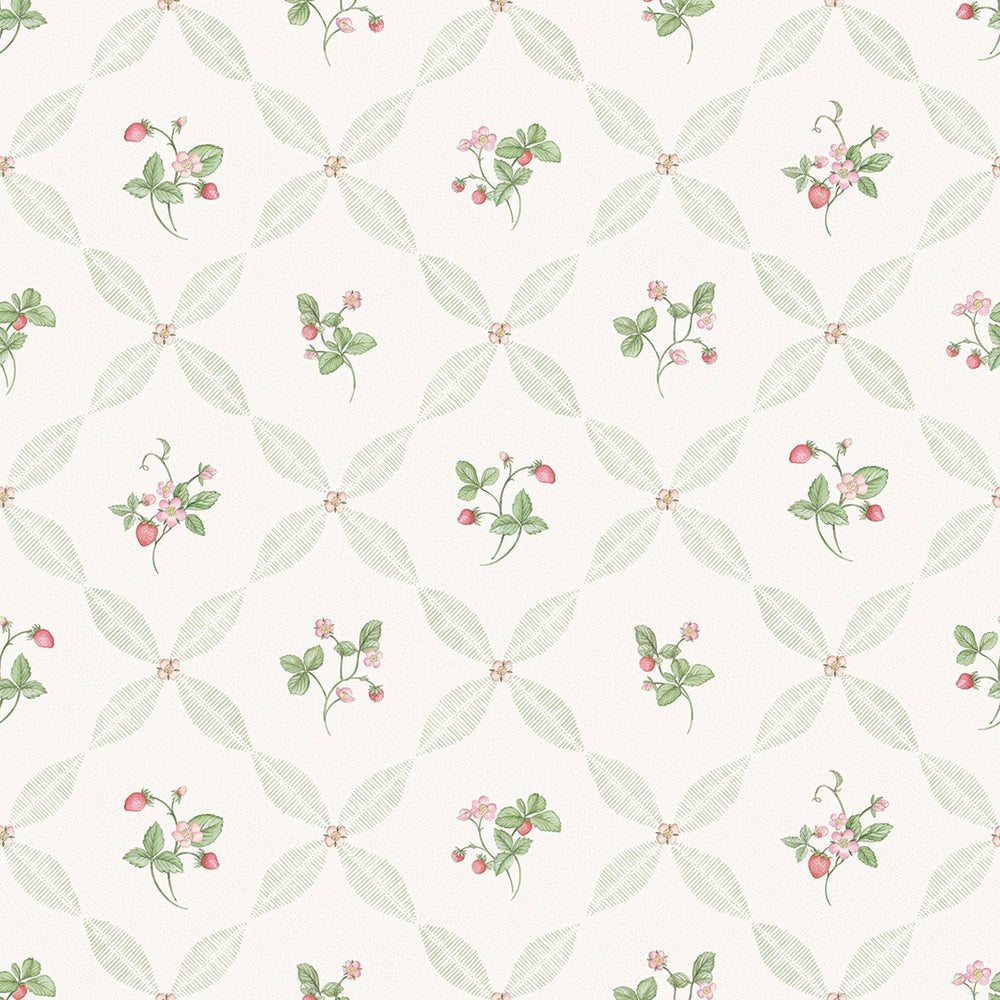 Strawberry Harvest Trellis Wallpaper - Summer Greens and Berry Red - LAN100383 - Lucie Annabel - Premier Wallcovering