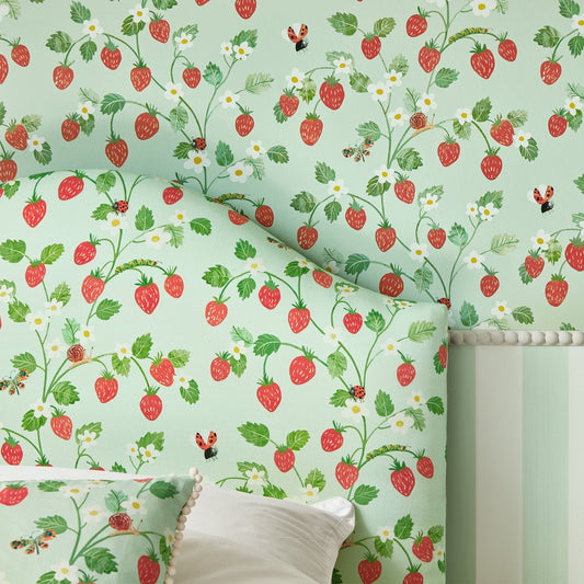 Strawberry Patch Wallpaper - Red / Aqua - Villa Nova - W640/01 - Premier Wallcovering