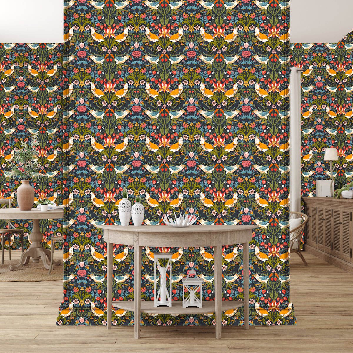 Morris Collections - 1028 - Strawberry Thief Wallpaper - Midnight - Premier Wallcovering