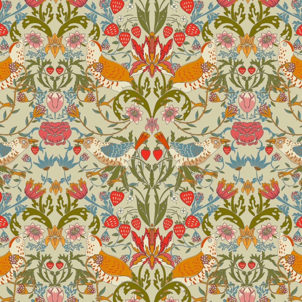 Morris Collections - 1025 - Strawberry Thief Wallpaper - Pale Olive - Premier Wallcovering