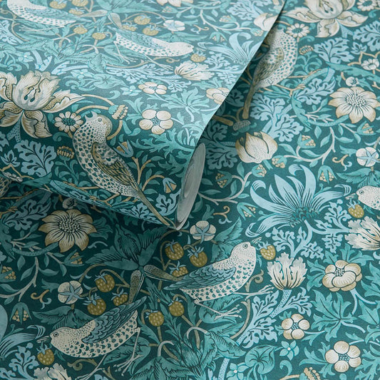 Strawberry Thief Wallpaper - Teal - Clarke & Clarke - W0171/06 - Premier Wallcovering