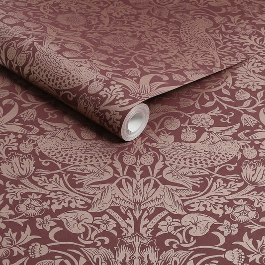 Strawberry Thief Fibrous Wallpaper - Burgundy - 124235 - William Morris AH - Premier Wallcovering