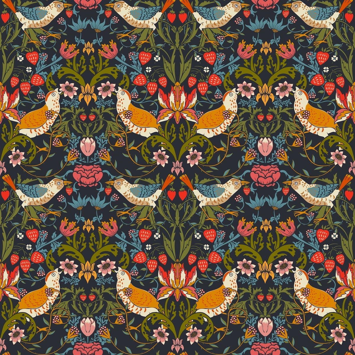 Morris Collections - 1028 - Strawberry Thief Wallpaper - Midnight - Premier Wallcovering