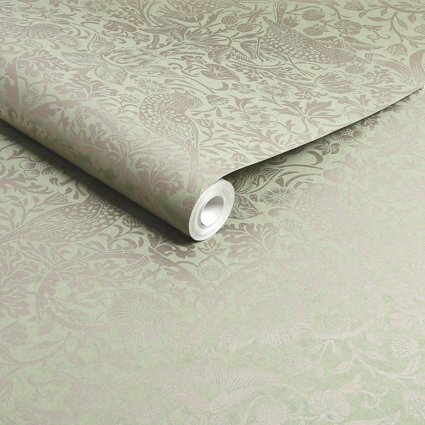 Strawberry Thief Fibrous Wallpaper - Sage - 124237 - William Morris AH - Premier Wallcovering