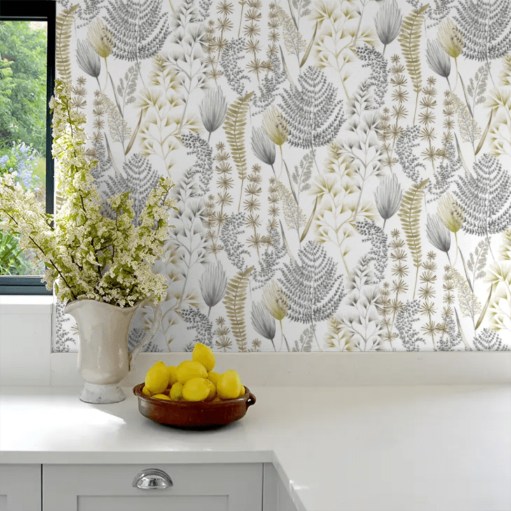 Summer Ferns Wallpaper - Grey Mustard - Ohpopsi - JRD50105W - Premier Wallcovering