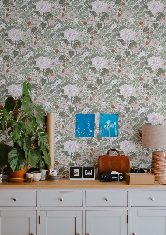Summer’s Bloom Floral Wallpaper - Light Green - Summer Gray - Premier Wallcovering