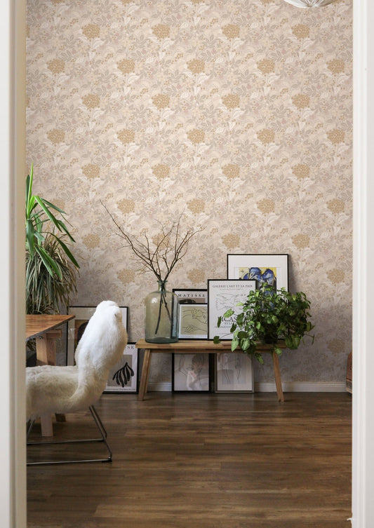 Summer’s Bloom Floral Wallpaper - Beige - Summer Gray - Premier Wallcovering