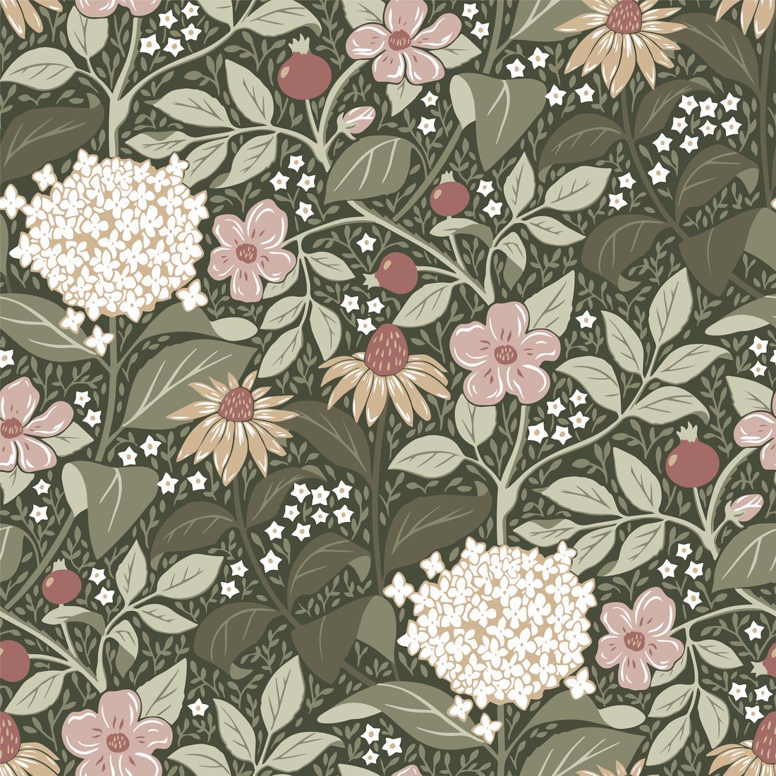 Summer’s Bloom Floral Wallpaper - Green - Summer Gray - Premier Wallcovering